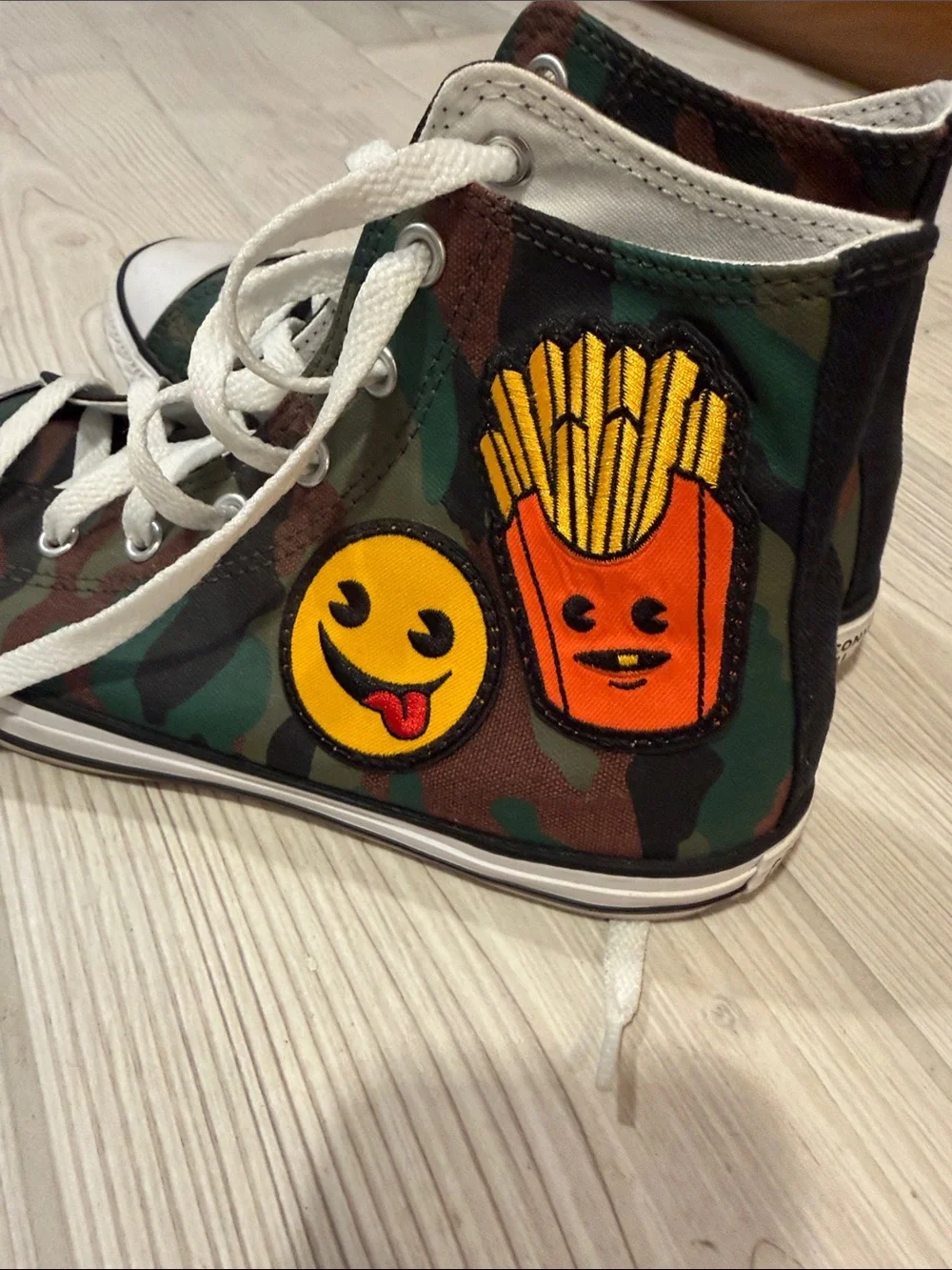Converse High Top Sneakers - Camo Green with White Laces and Orange Patch